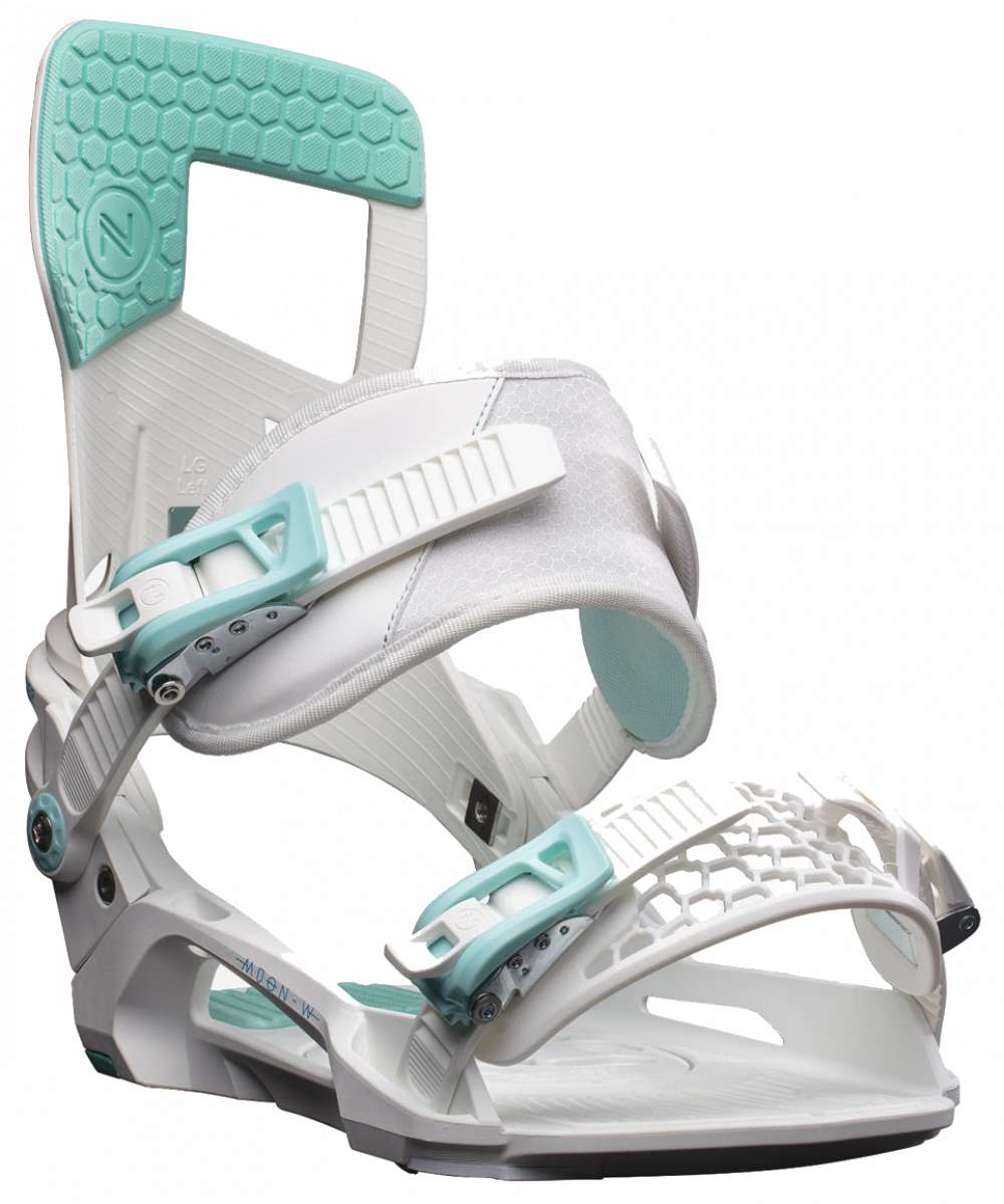 Nidecker Women's Muon Snowboard Bindings - White bindings with teal accents and a geometric pattern on the straps.