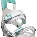 Nidecker Women's Muon Snowboard Bindings - White bindings with teal accents and a geometric pattern on the straps.