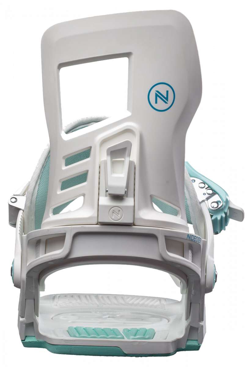 Nidecker Women's Muon Snowboard Bindings - White bindings with teal accents and straps on a white background.