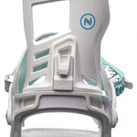 Nidecker Women's Muon Snowboard Bindings - White bindings with teal accents and straps on a white background.