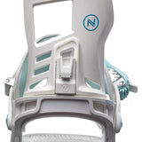 Nidecker Women's Muon Snowboard Bindings - White bindings with teal accents and straps on a white background.