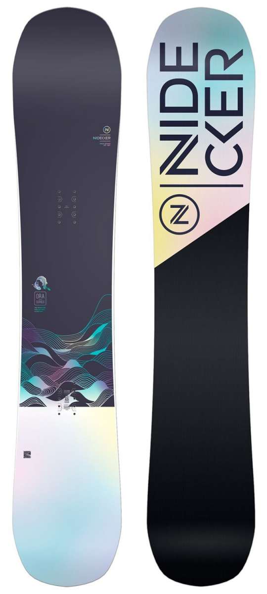 Nidecker Women's Ora Snowboard 2023 - A snowboard with a light blue and pink gradient design on its top surface.