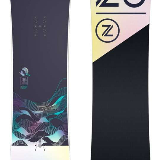 Nidecker Women's Ora Snowboard 2023 - A snowboard with a light blue and pink gradient design on its top surface.