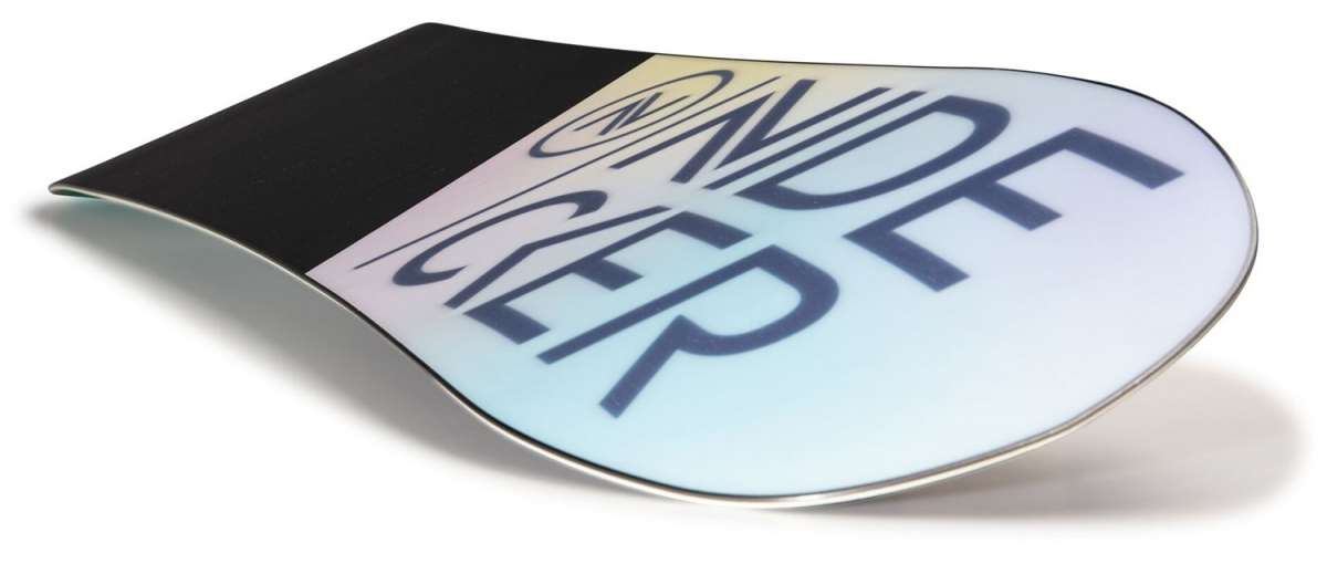 Nidecker Women's Ora Snowboard 2023 - A light blue snowboard with a black stripe at the top and white lettering on the bottom.