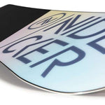 Nidecker Women's Ora Snowboard 2023 - A light blue snowboard with a black stripe at the top and white lettering on the bottom.