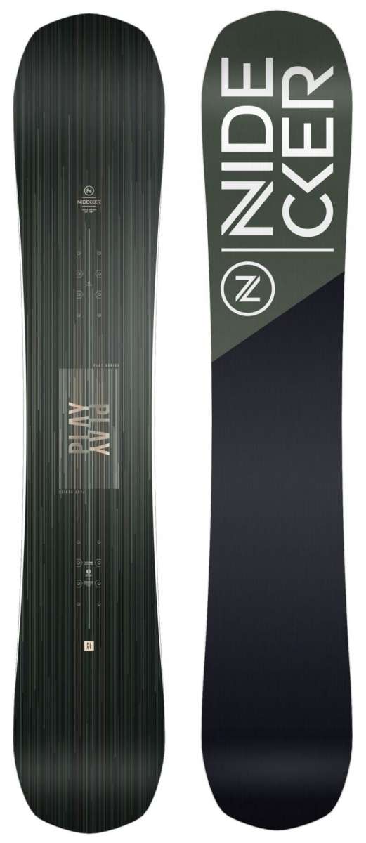 Nidecker Play Snowboard 2023 - A dark gray snowboard with a subtle wood grain texture and white lettering.