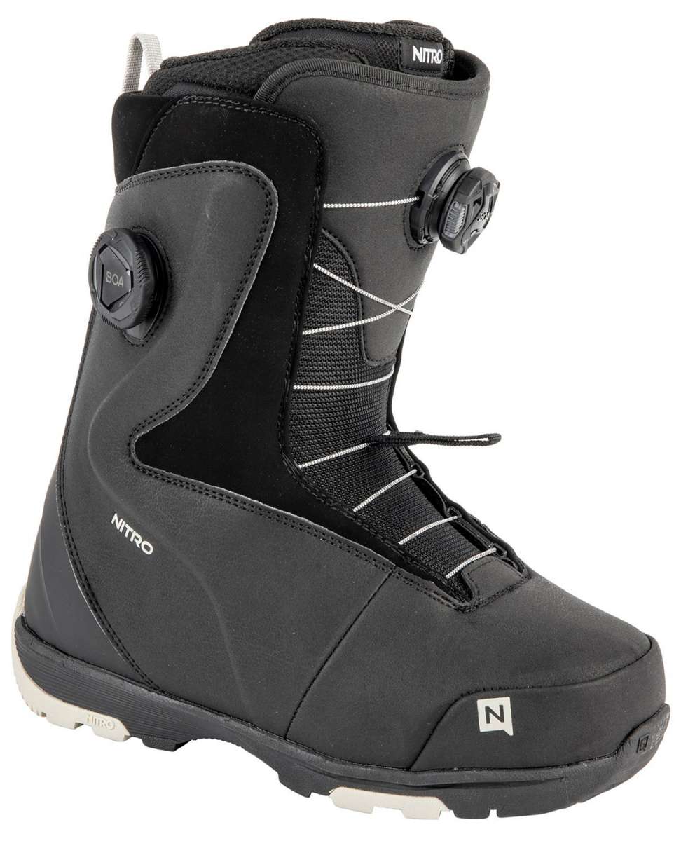 Nitro Women's Cypress BOA Snowboard Boot 2024 - Black snowboard boots with white accents and a sleek, modern design.