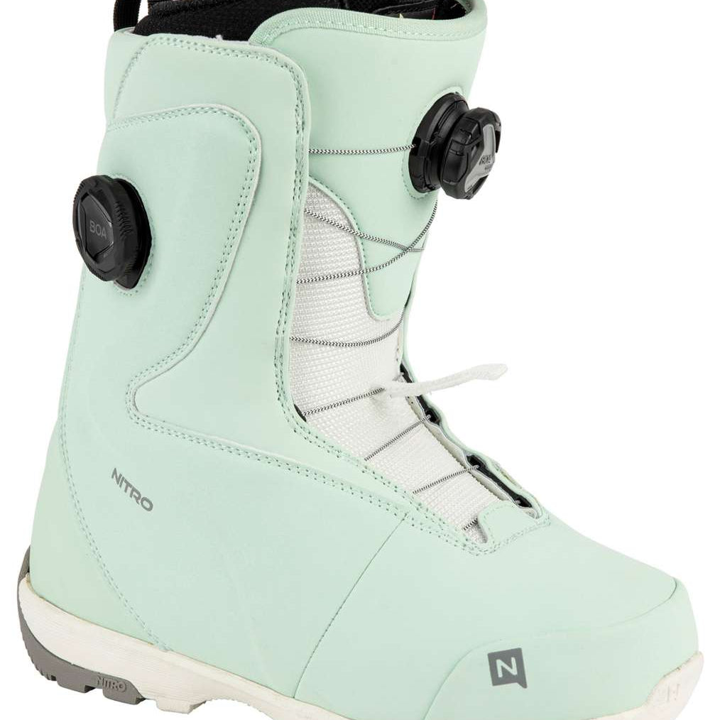 Nitro Women's Cypress BOA Snowboard Boot 2024 - A mint green snowboard boot with a black BOA dial on the side and white laces.