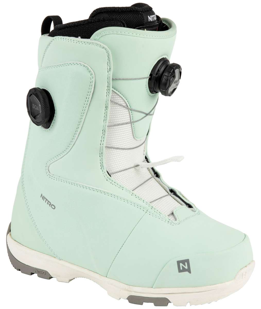 Nitro Women's Cypress BOA Snowboard Boot 2024 - A mint green snowboard boot with a black BOA dial on the side and white laces.