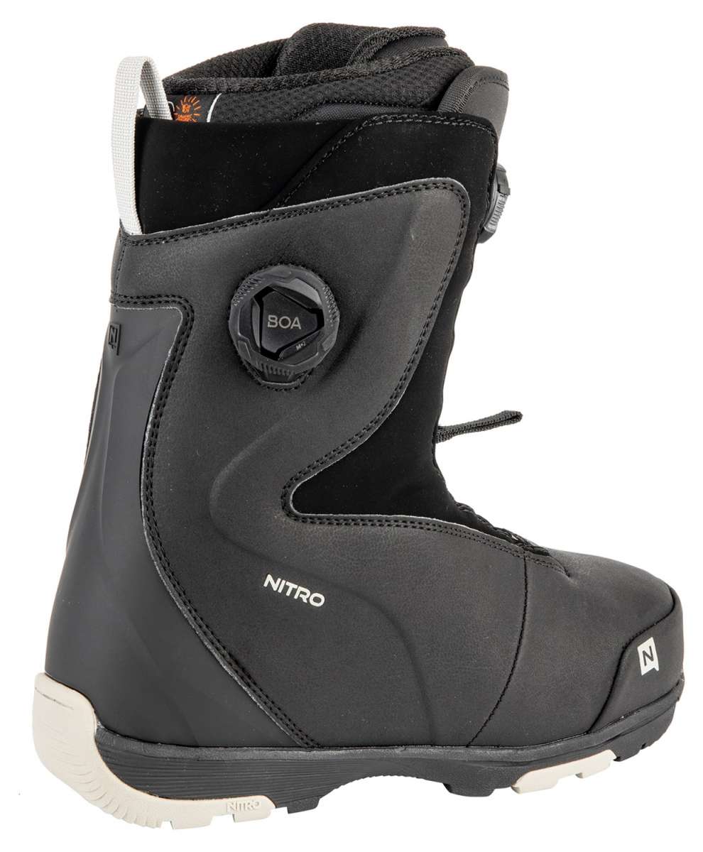 Nitro Women's Cypress BOA Snowboard Boot 2024 - Black snowboard boots with a white logo on the side and silver buckles.