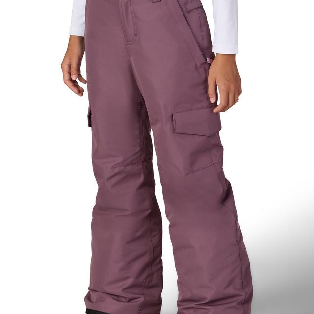 Girls' insulated snow pants in plum, with cargo pockets and button waist closure