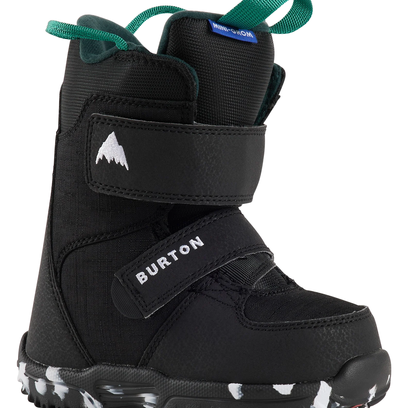 Kids mini grom snowboard boots, black with teal laces and lining, side logo patch