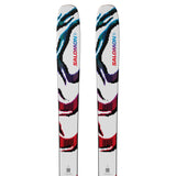 Two pairs of Salomon S/Lab QST Blank skis with a colorful design.