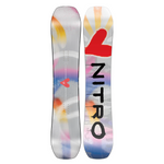 Nitro Women's Optisym Snowboard 2026 - A white snowboard with a red heart and yellow sunburst design on top of a blue, pink, and orange cloud pattern.