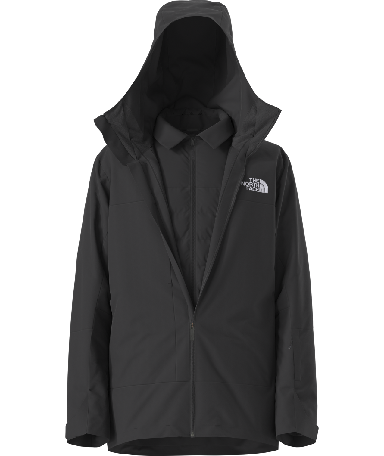 North Face ThermoBall Snow Triclimate Jacket 2025 - A black jacket with a hood, featuring a white logo on the left chest and a zipper down the front.