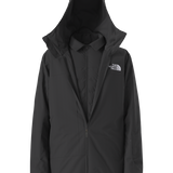 North Face ThermoBall Snow Triclimate Jacket 2025 - A black jacket with a hood, featuring a white logo on the left chest and a zipper down the front.