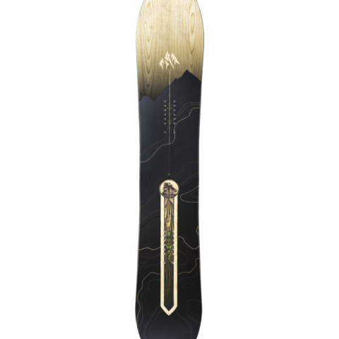 Wood-grain and black snowboard with mountain artwork and patterned center graphic