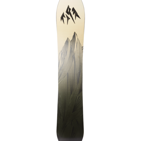 Wood-grain and black snowboard top with mountain scene and arrow icons