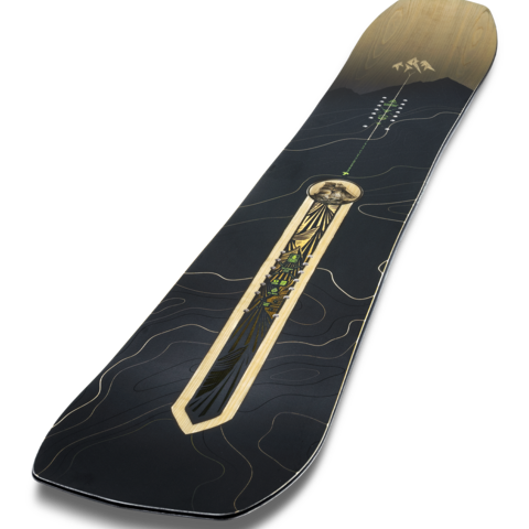 Angled wood-grain and black snowboard with green dotted lines and center emblem