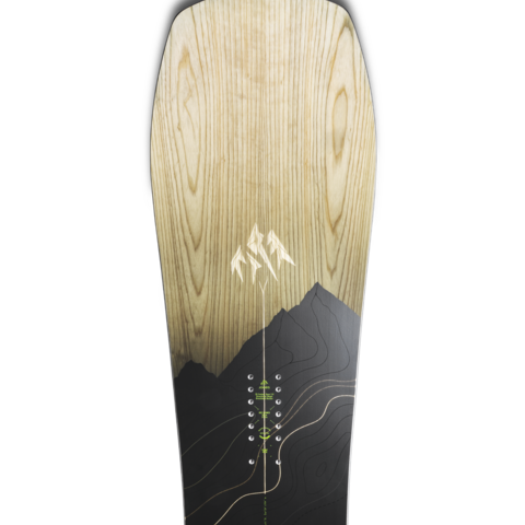 Wood-grain and black snowboard with mountain graphic and yellow lacing-style detailing