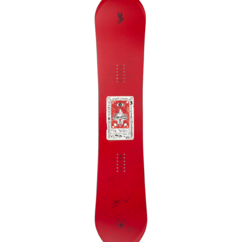 Red snowboard with centered top graphic and bold eye sticker on the deck