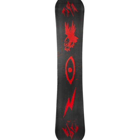 Dark snowboard deck with red abstract graphics and a centered circular emblem