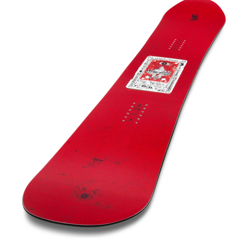 Red snowboard angled view with top card graphic and scattered size/mark dots