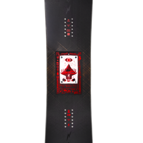 Black snowboard with red graphic patch and stance dot markers