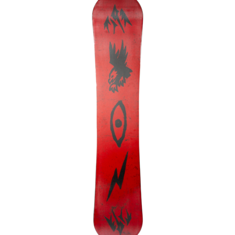Red snowboard with black abstract art and centered emblem