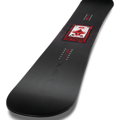 Black snowboard with red rectangular graphic and stance marker line