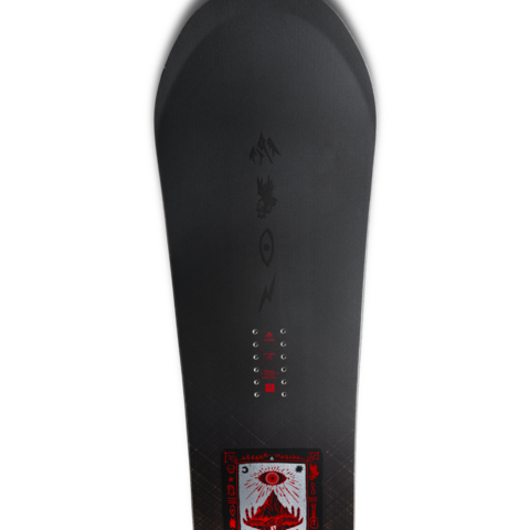 Black snowboard with red bottom graphic panel and stance dot markers