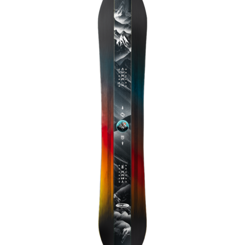 Twin snowboard with mountain graphic and red–yellow–orange gradient side panel