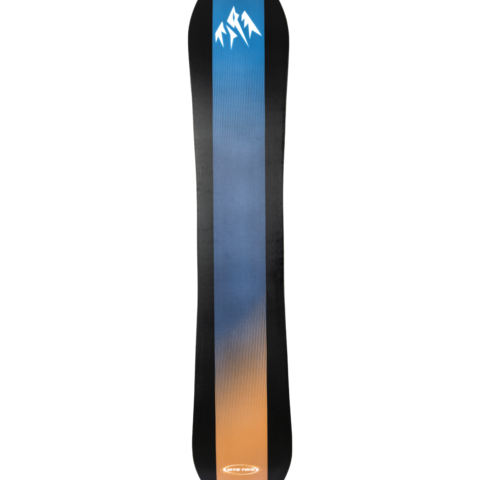 Twin snowboard with blue-to-orange gradient and white mountain graphic