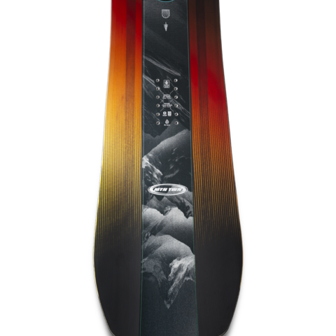 Twin snowboard with mountain photo panel and vertical red–yellow–orange gradient