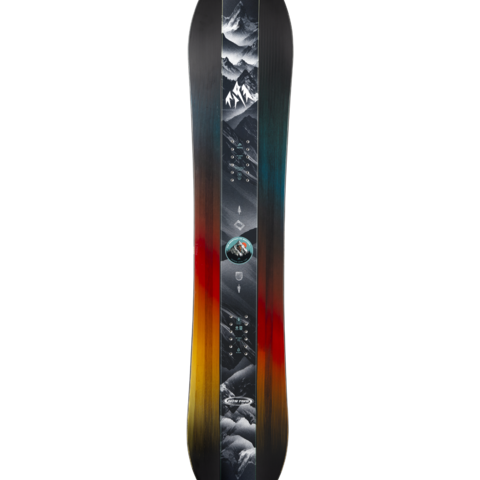 Junior twin-tip snowboard deck with dark mountain graphic and red-to-yellow gradient center