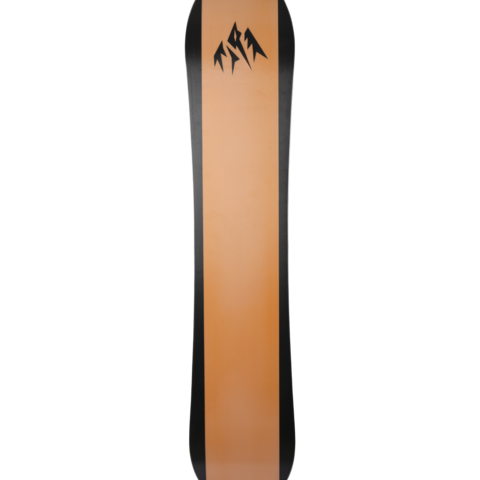 Junior twin-tip snowboard deck with tan background and black mountain tree icon graphic