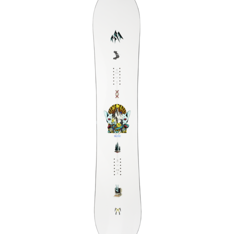 White snowboard deck with colorful cat graphic and center icons, front view