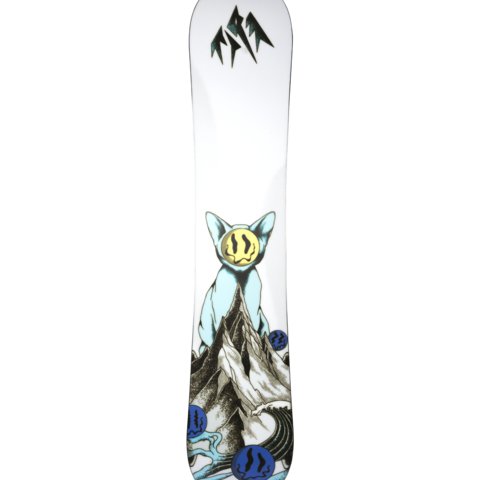 White snowboard deck with large cat face graphic, mountain peaks, angled view
