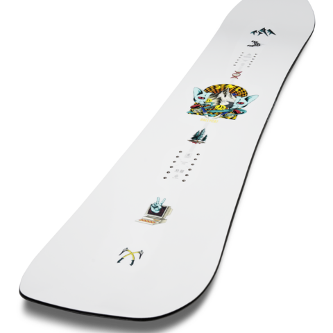 White snowboard deck with scattered multi-color icons and cat artwork, side angle