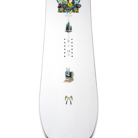 White snowboard deck with top cat graphic and center alignment icons, close-up