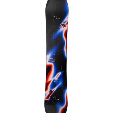 Splitboard snowboard, black with blue and red flame graphic