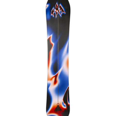 Splitboard snowboard, black face with blue/red flame and lightning graphics