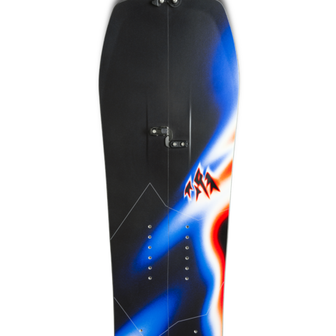 Splitboard snowboard top view, black with blue/red graphics and metal hardware
