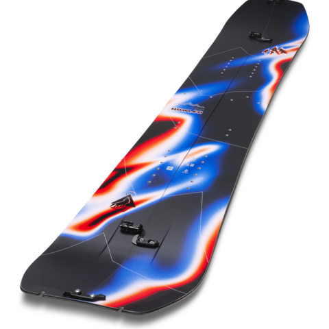 Splitboard snowboard, angled view with black base and blue/red flame graphic