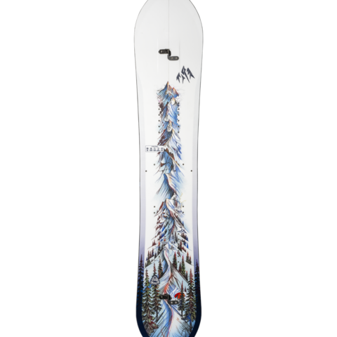 Jones Frontier 2.0 splitboard in white with blue pine graphic and black inserts