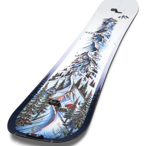 Jones Frontier 2.0 splitboard angled view with white base, blue trees, and binding