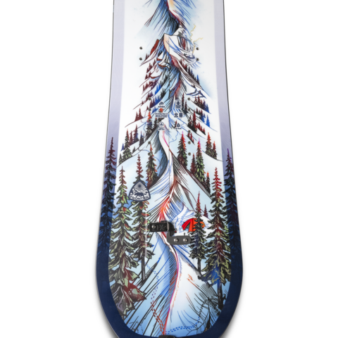 Jones Frontier 2.0 splitboard close-up with winter tree illustration and metal hardware