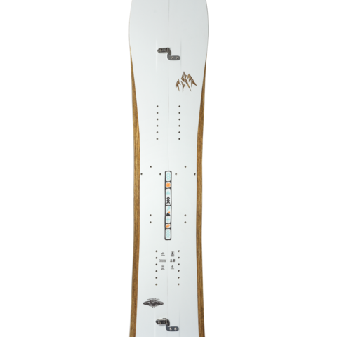 Off-white splitboard snowboard with metal bindings and multicolor indicator panel
