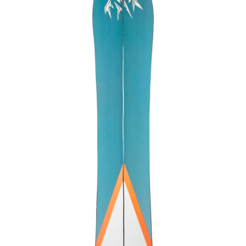Teal splitboard snowboard with orange accent panel and white top mountain graphics