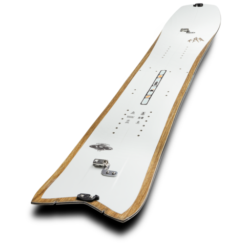 White splitboard snowboard in angled view with metallic binding hardware